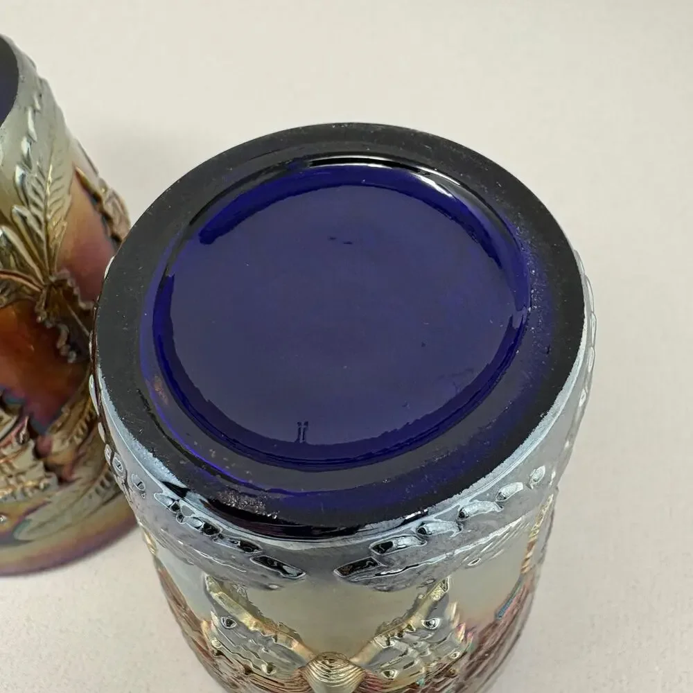 Pair of Antique Fenton Blue Carnival Glass Butterfly & Fern Tumblers Ground Base